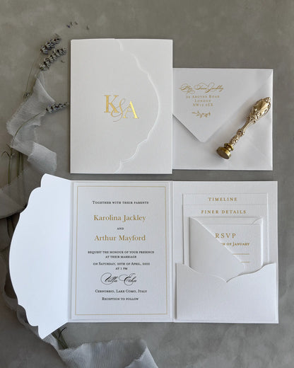White Vertical Pocketfold wedding invitation suite with gold foil monogram, envelope and insert cards — Polina Perri