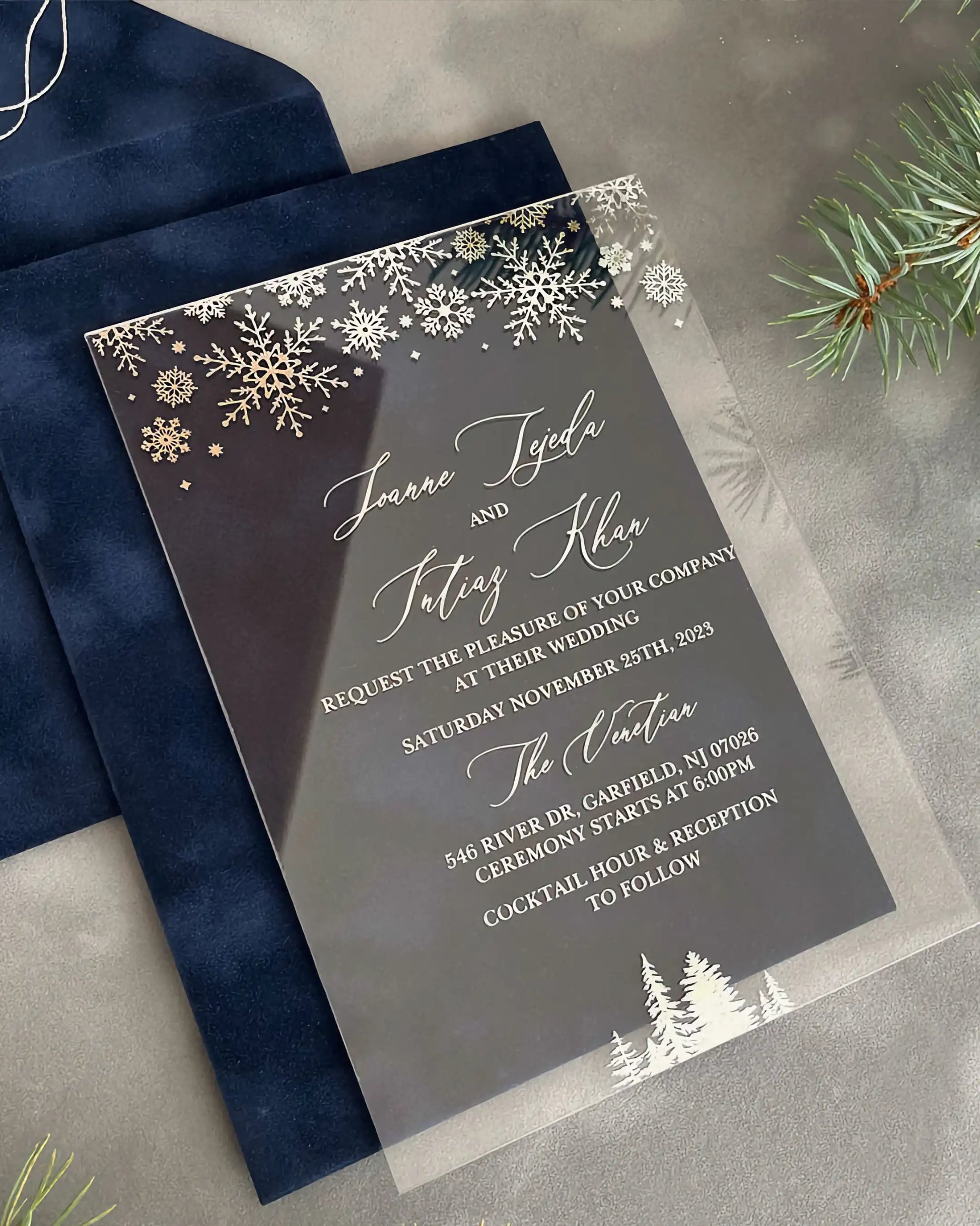 Winter Wonderland Silver Acrylic wedding invitation with silver snowflakes and Navy Blue velvet envelope — Polina Perri