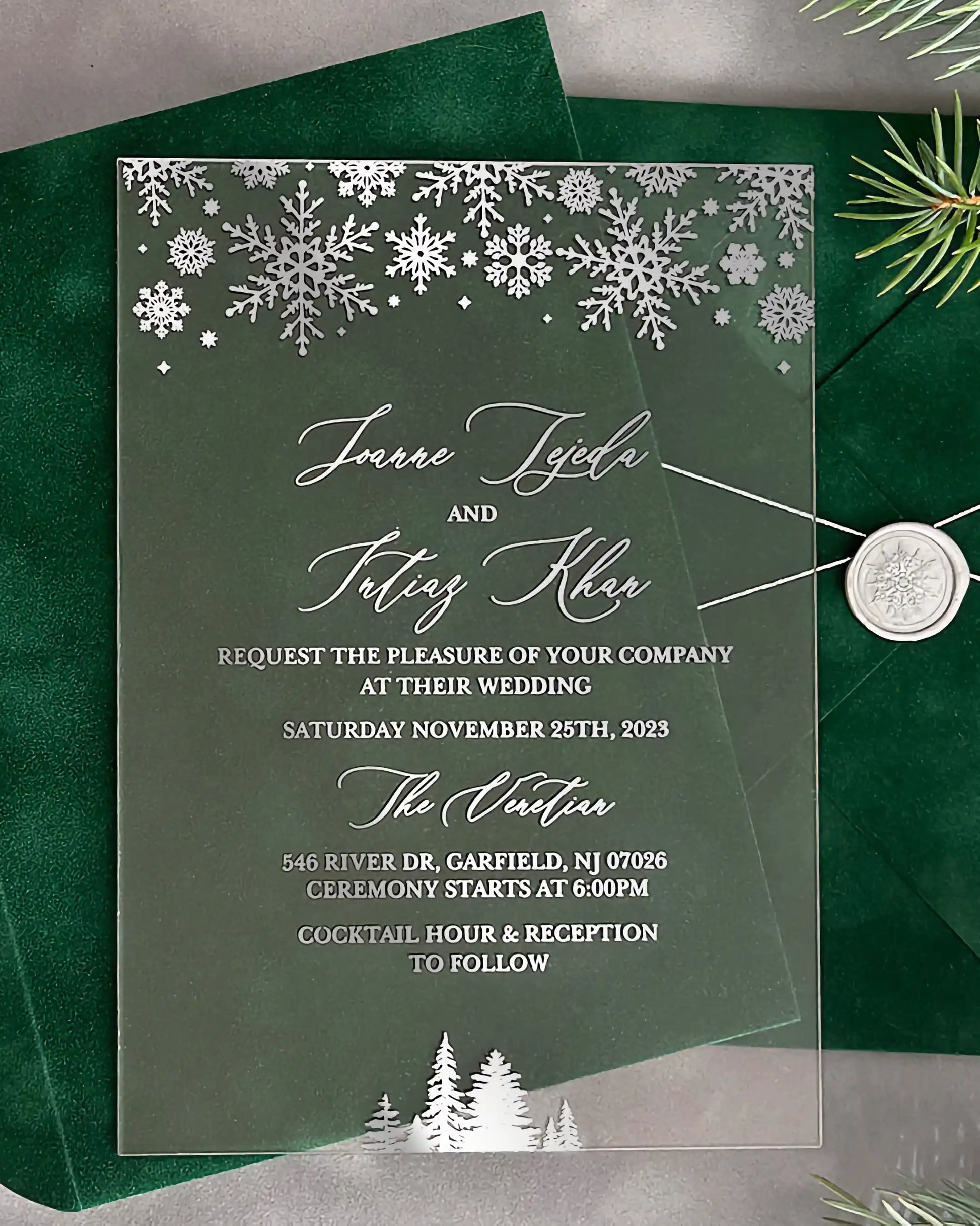 Winter Wonderland Silver Acrylic wedding invitation with silver snowflakes and Forest Green velvet envelope with wax seal — Polina Perri