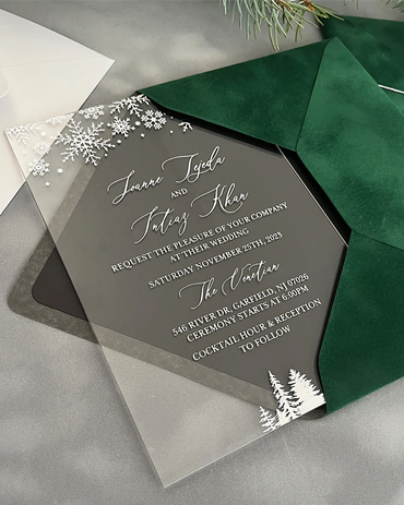 Winter Wonderland Silver Acrylic wedding invitation with silver snowflake design and Forest Green velvet envelope — Polina Perri