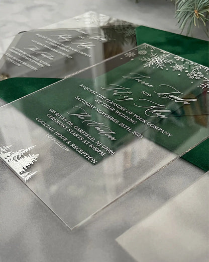 Winter Wonderland Silver Acrylic wedding invitations with silver snowflakes on Forest Green velvet — Polina Perri