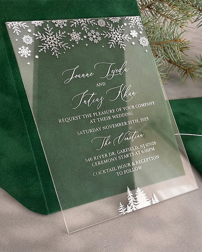 Winter Wonderland Silver Acrylic wedding invitation with silver snowflakes and pine trees on Forest Green velvet envelope — Polina Perri