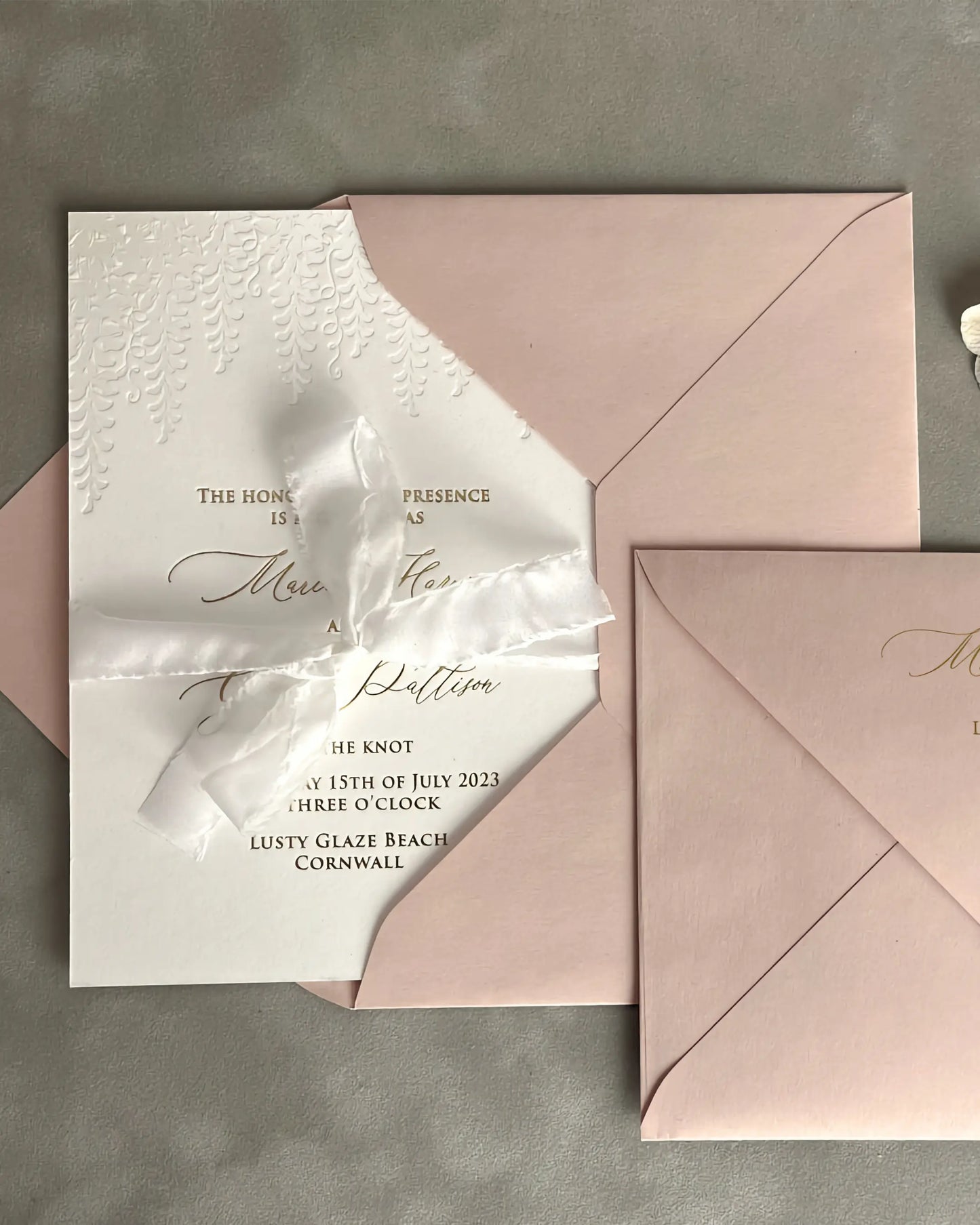 Embossed Wisteria Wedding Invitation with Blush Pink Envelope and Silk Bow — Polina Perri