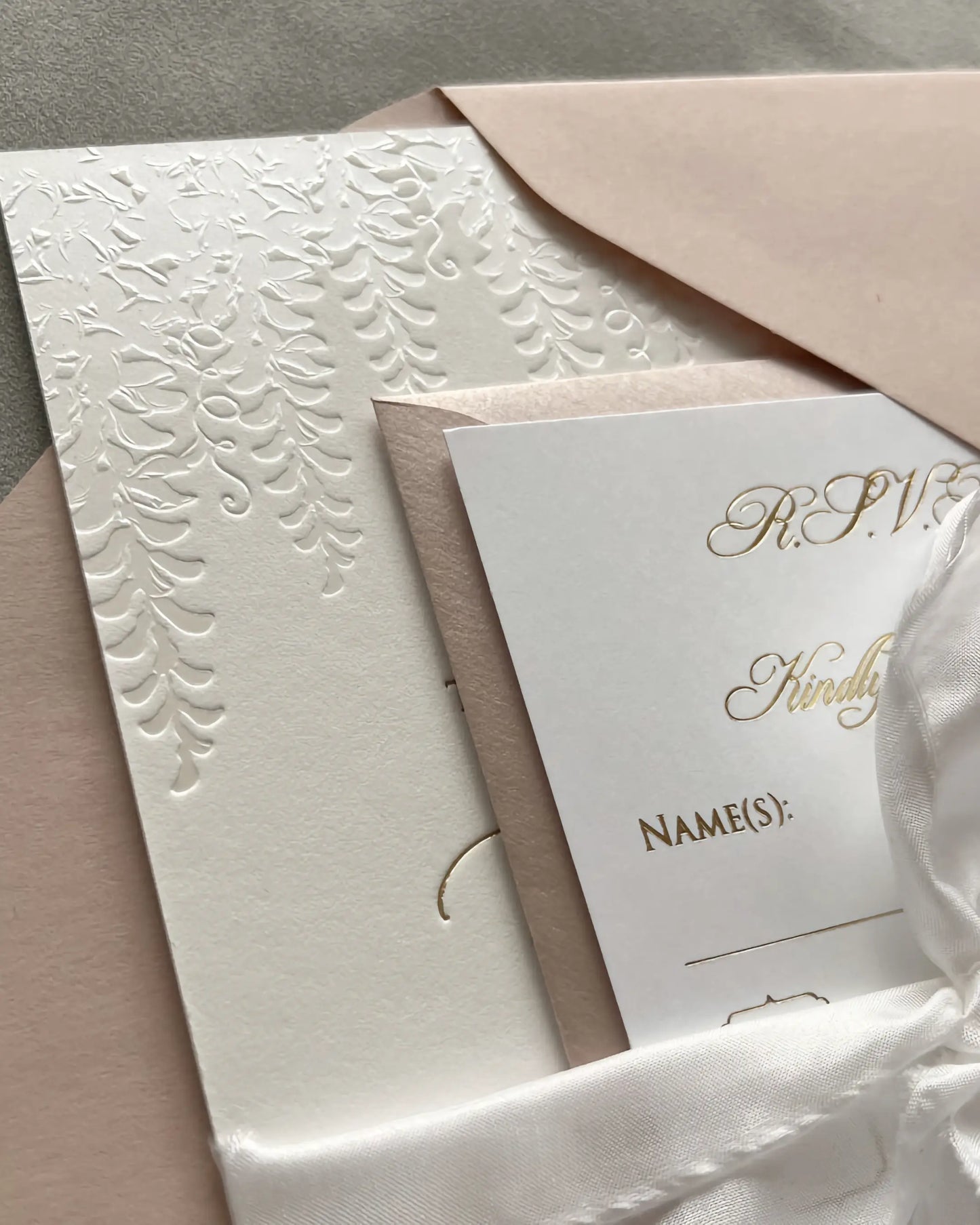 Embossed Wisteria Wedding Invitation and RSVP Card Detail — Pearl Foil Cotton Card — Polina Perri