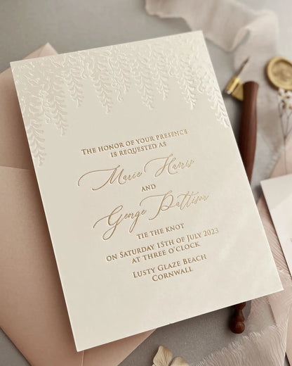Embossed Wisteria Wedding Invitation Detail — Pearl Foil and Gold Calligraphy — Polina Perri
